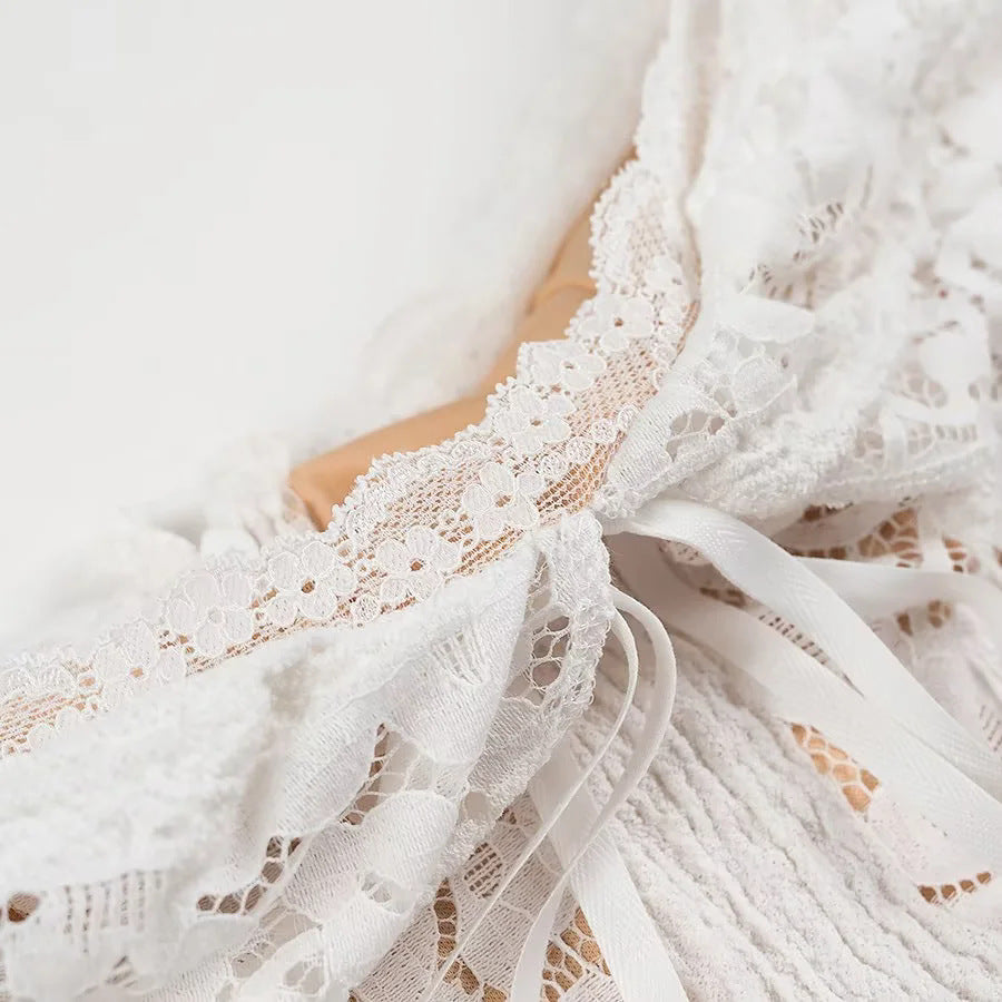 Fold Over Collar Lace Mini Dress - White - 5