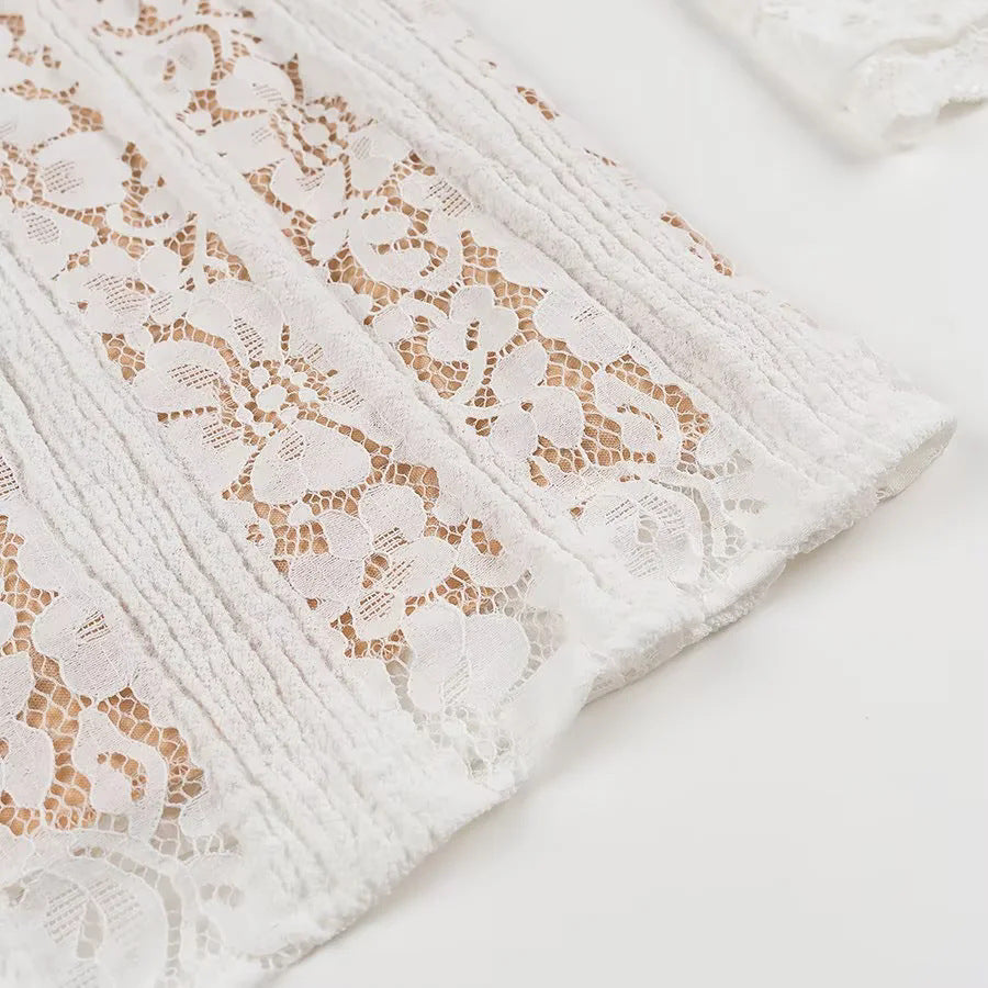 Fold Over Collar Lace Mini Dress - White - 8