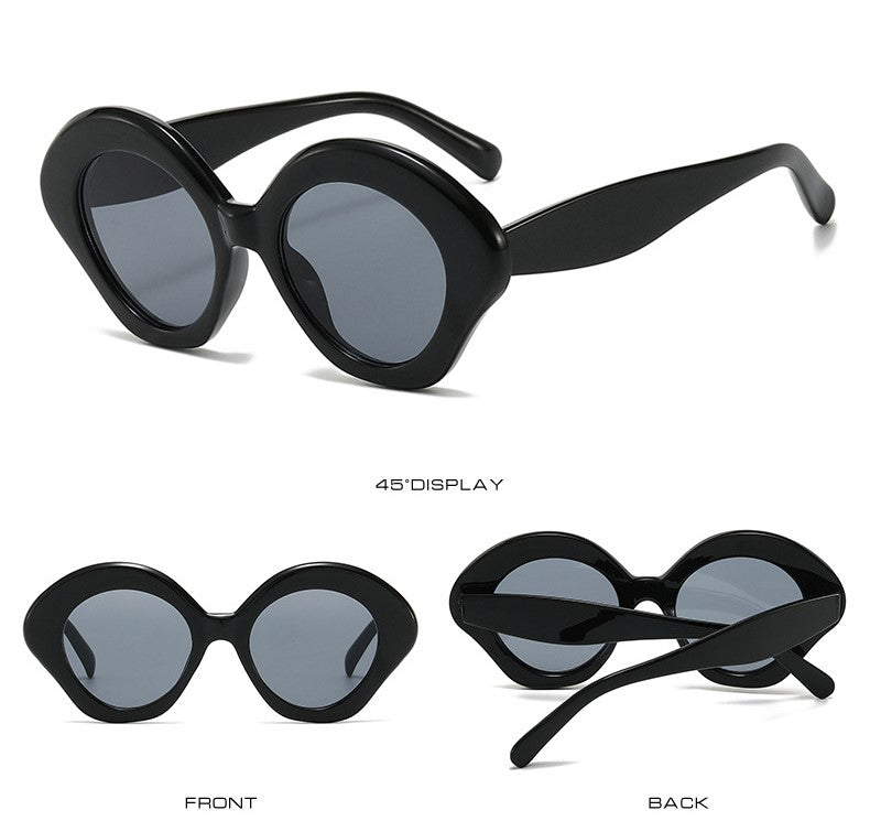 Bold Round Oval Sunglasses With Faceted Rims - Black - 1