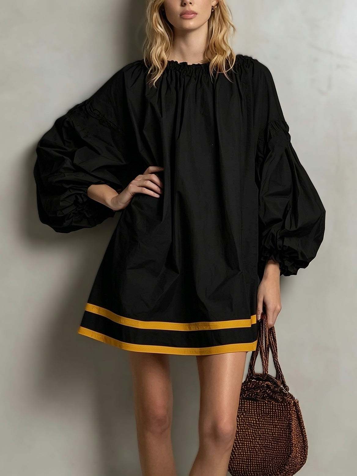Striped Hem Balloon Sleeve Mini Dress - Black