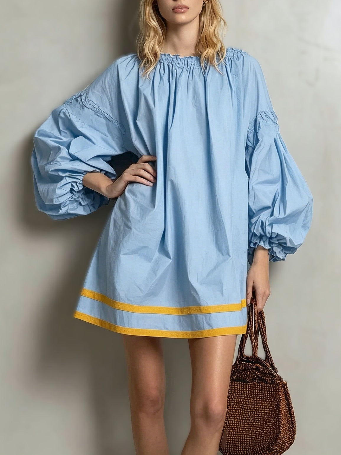 Striped Hem Balloon Sleeve Mini Dress - Blue