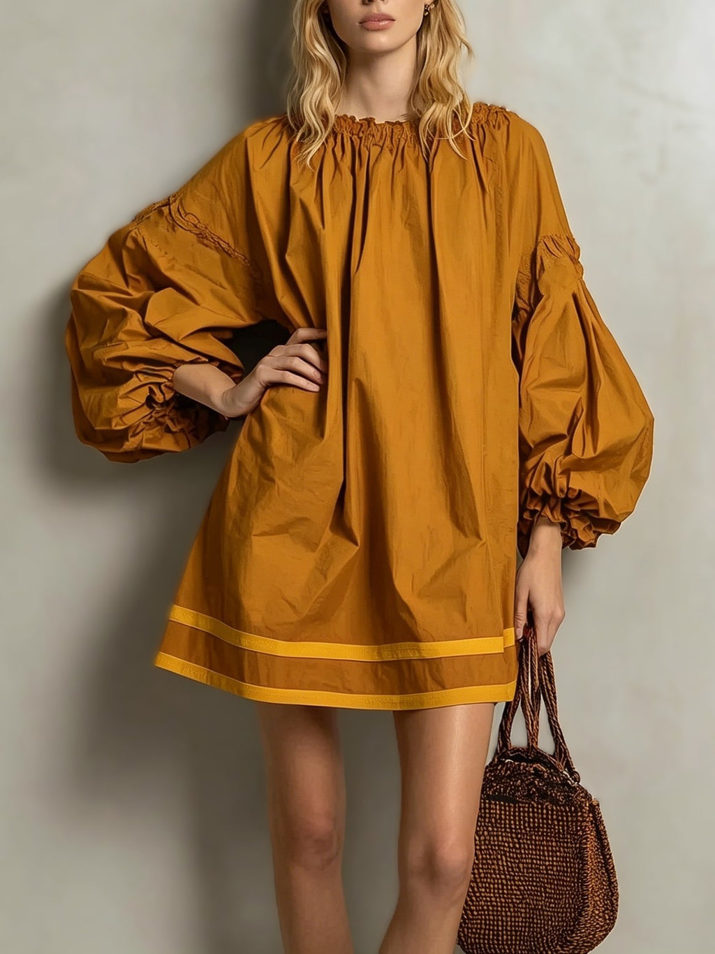 Striped Hem Balloon Sleeve Mini Dress - Khaki