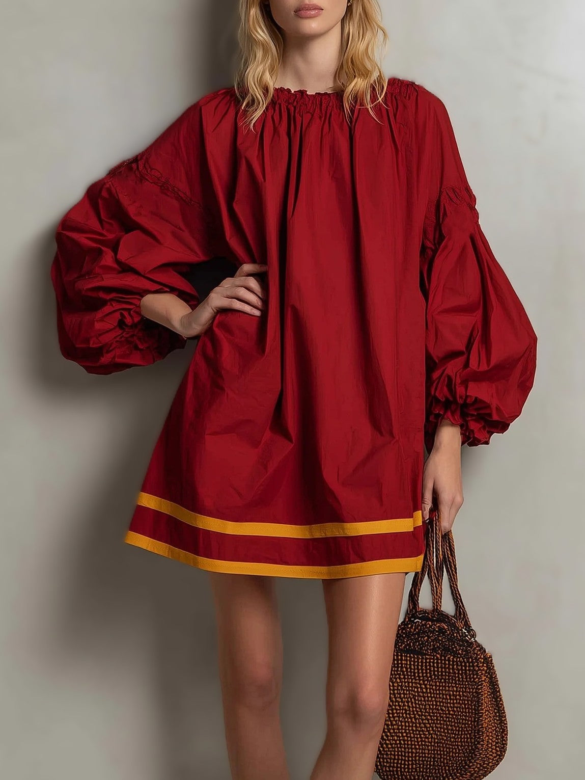 Striped Hem Balloon Sleeve Mini Dress - Red