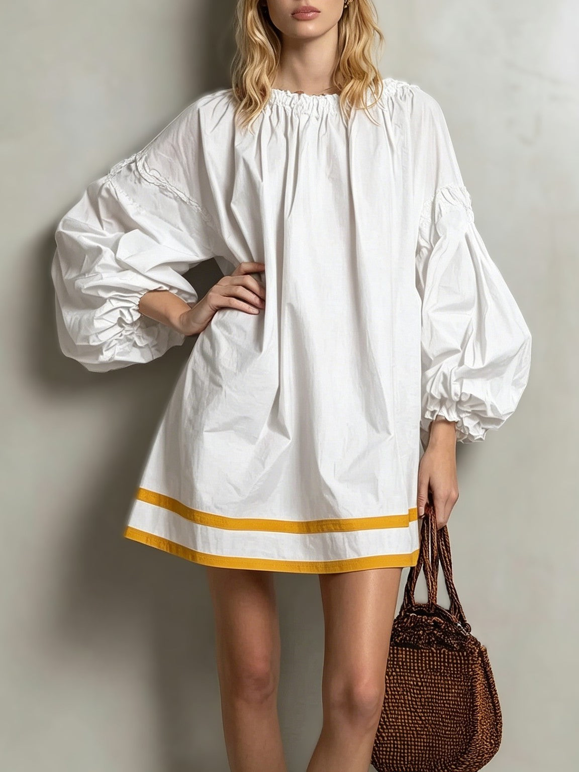 Striped Hem Balloon Sleeve Mini Dress - White