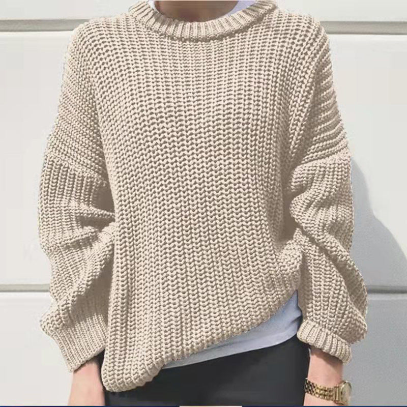 Oversized Chunky Rib Knit Drop Shoulder Sweater - Beige