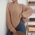 Oversized Chunky Rib Knit Drop Shoulder Sweater - Khaki