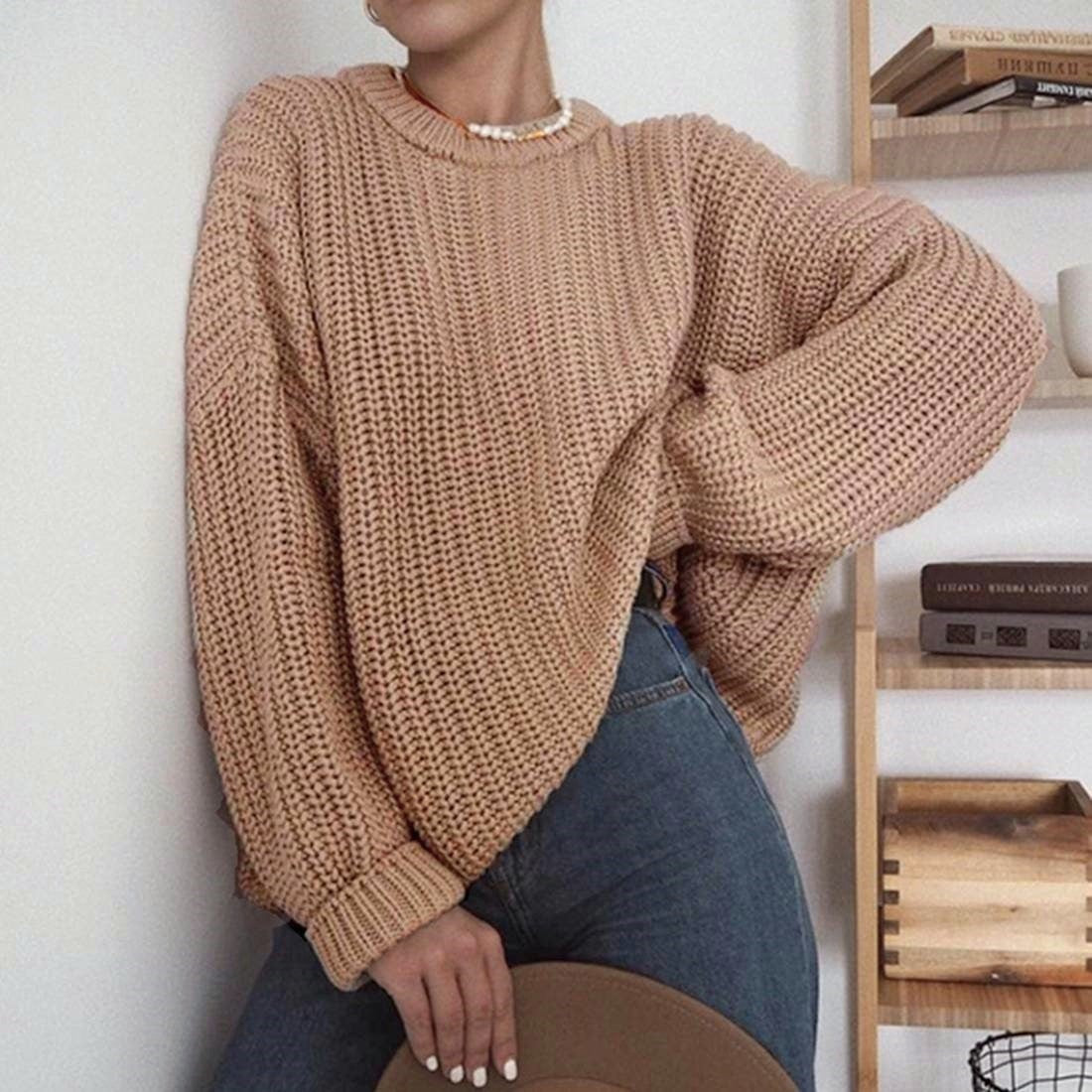Oversized Chunky Rib Knit Drop Shoulder Sweater - Khaki