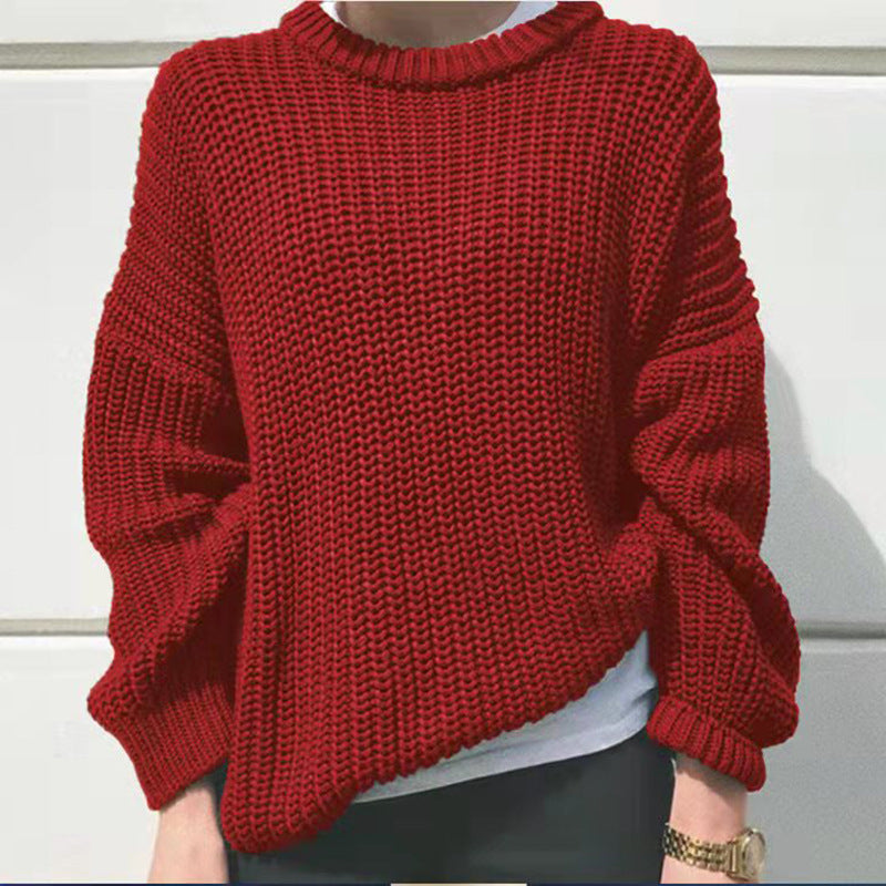 Oversized Chunky Rib Knit Drop Shoulder Sweater - WineRed