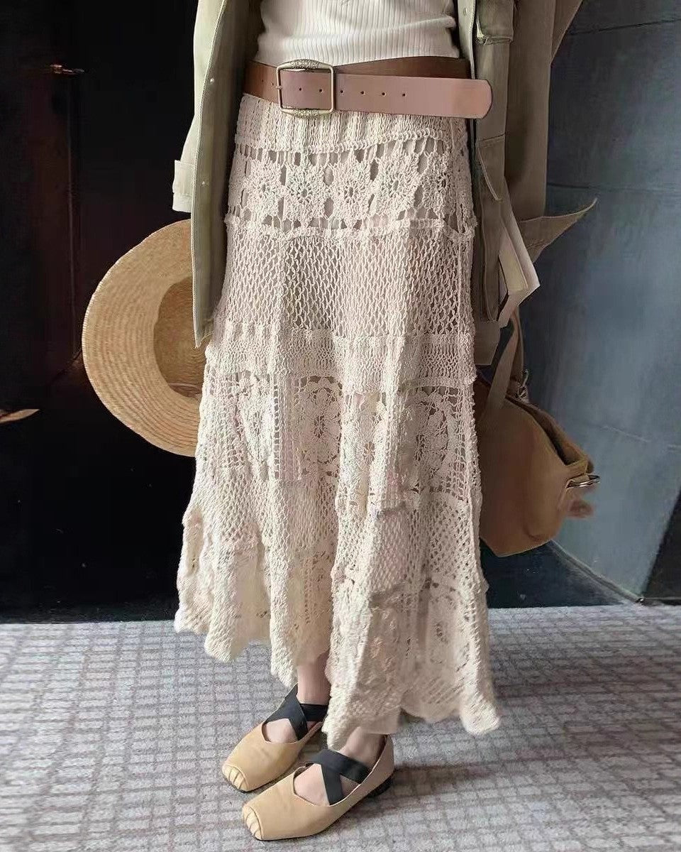 Tiered Boho Crochet Maxi Skirt - Apricot
