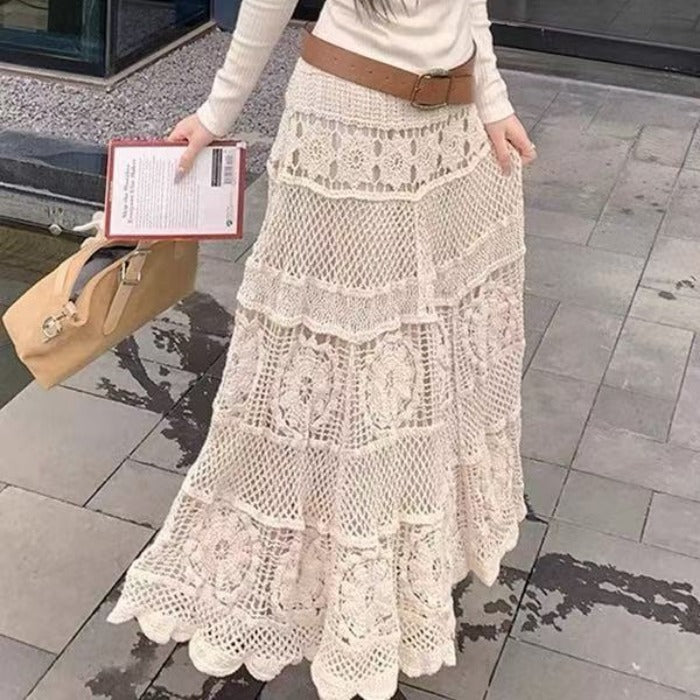 Tiered Boho Crochet Maxi Skirt - Apricot - 1