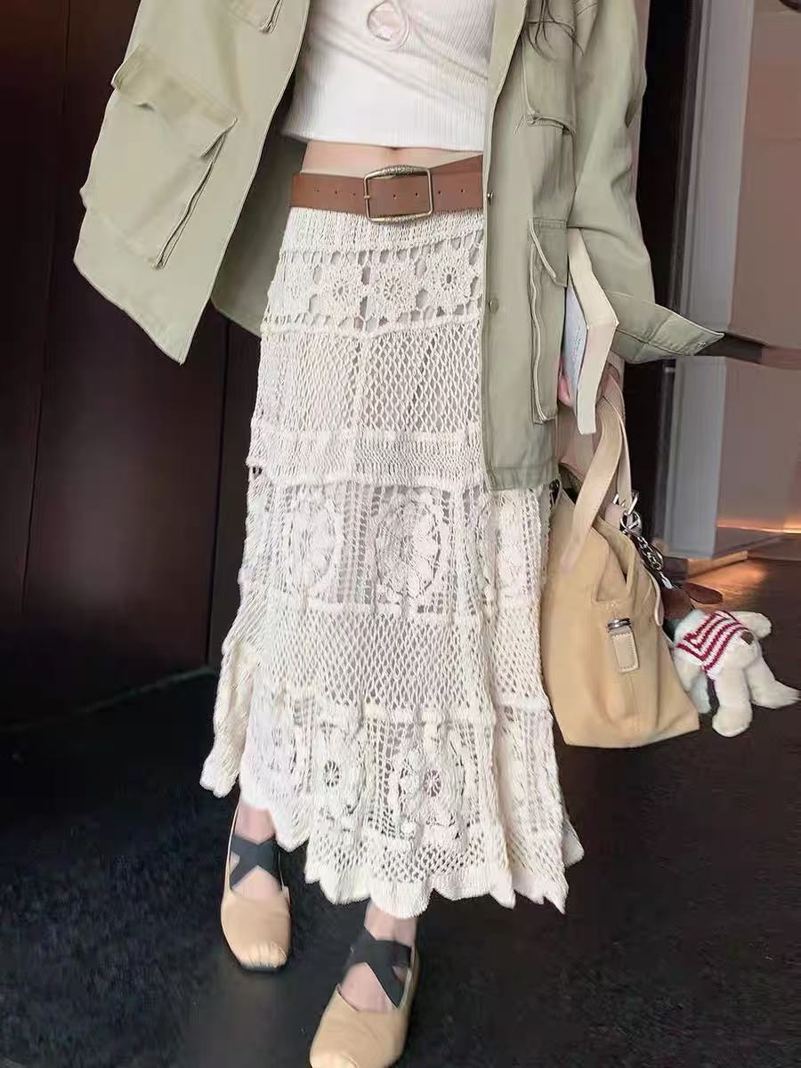 Tiered Boho Crochet Maxi Skirt - White