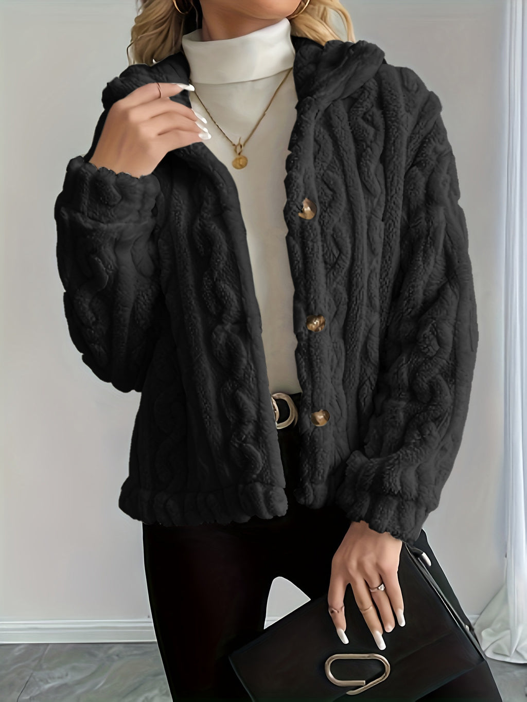 Cable Twist Plush Fleece Button Front Jacket - Black