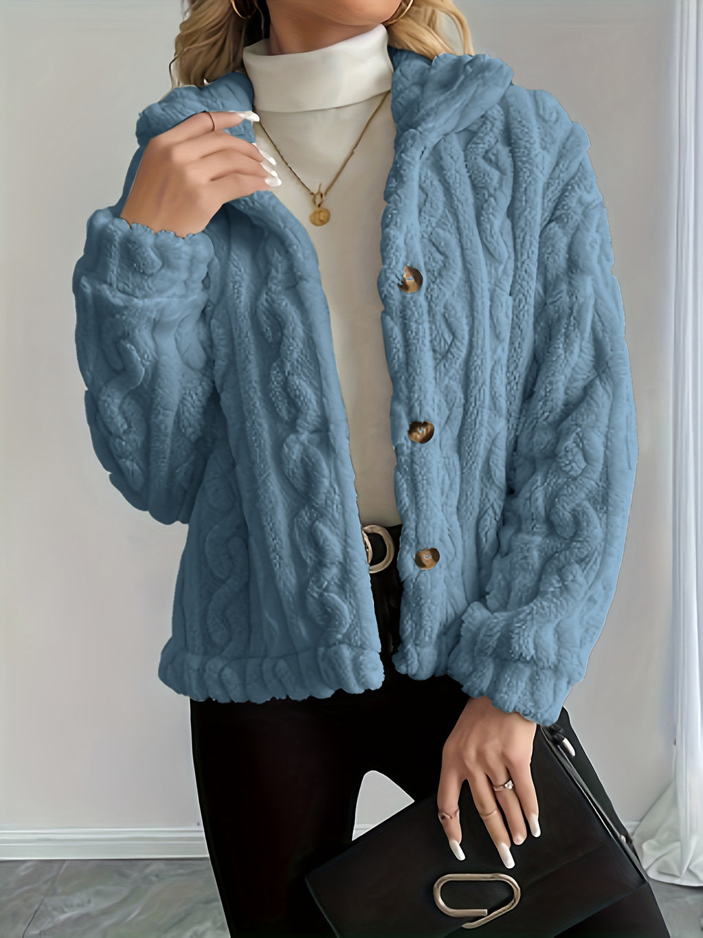 Cable Twist Plush Fleece Button Front Jacket - Blue