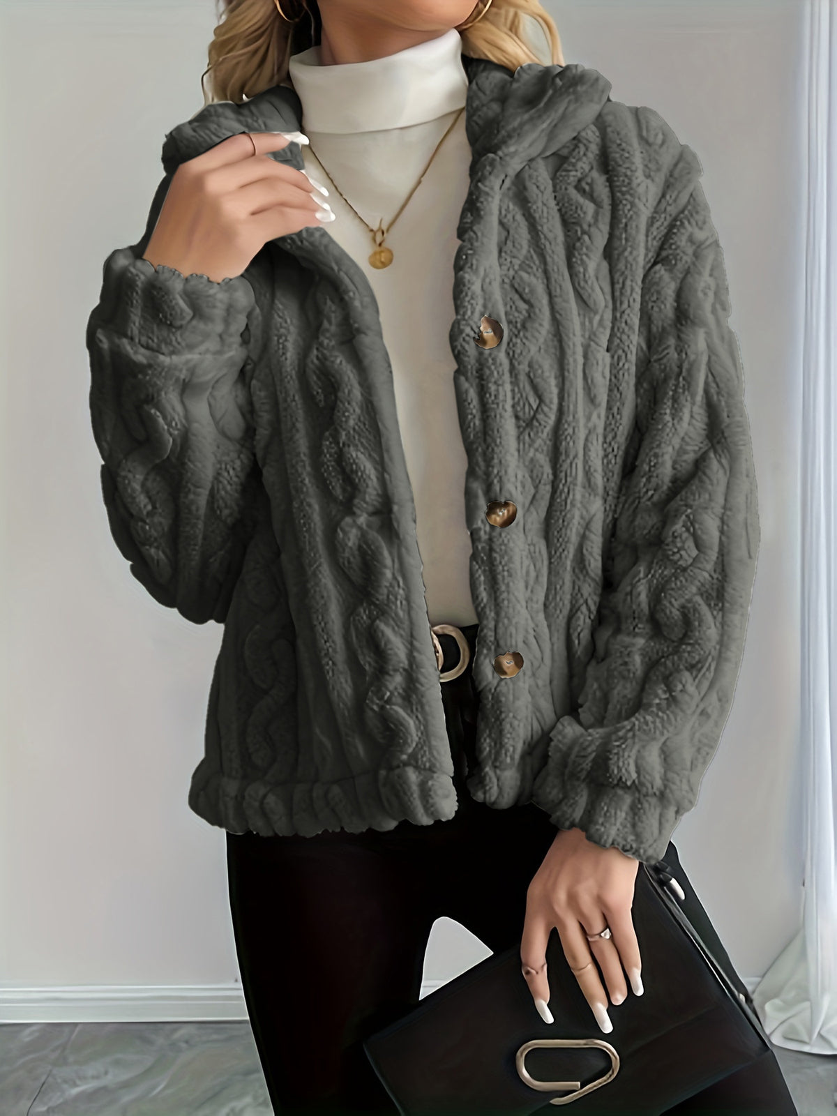 Cable Twist Plush Fleece Button Front Jacket - DarkGray