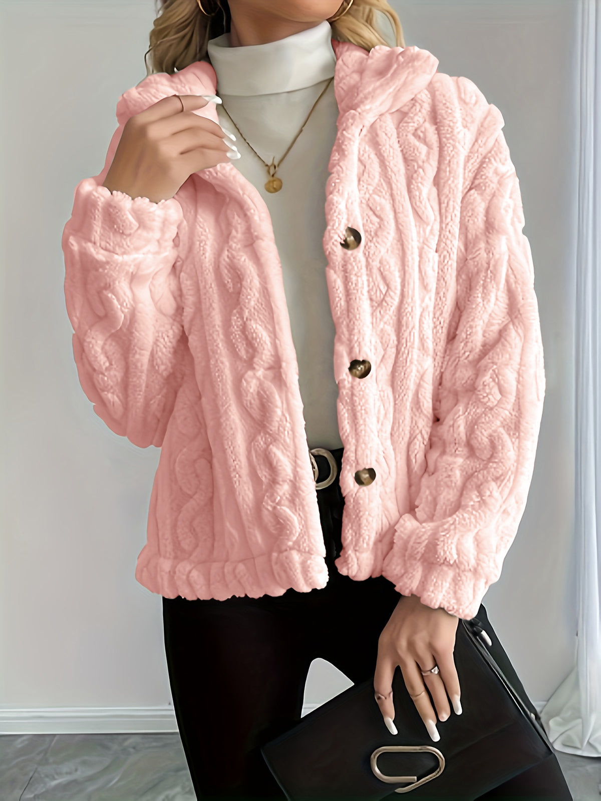 Cable Twist Plush Fleece Button Front Jacket - Pink