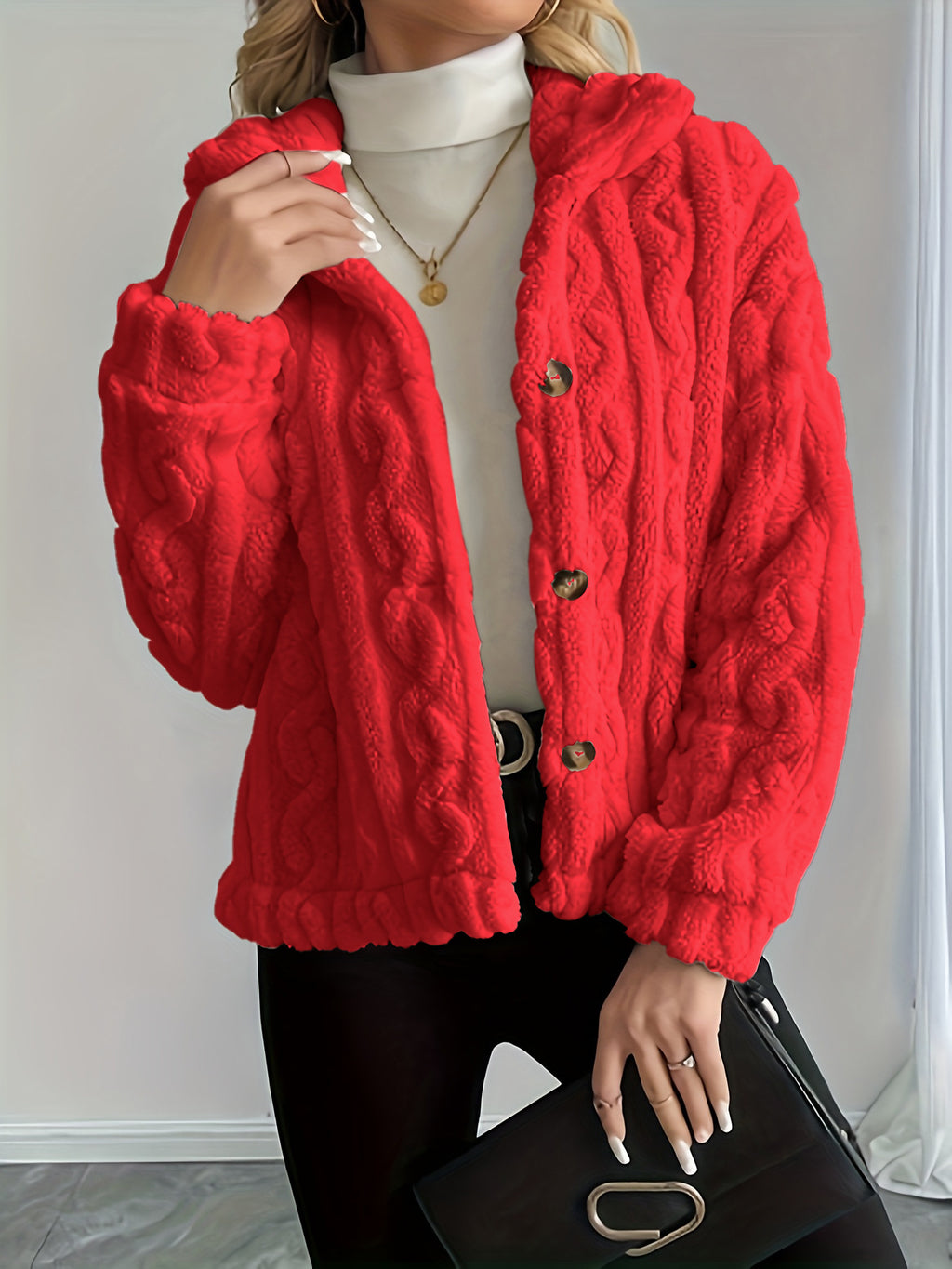 Cable Twist Plush Fleece Button Front Jacket - Red