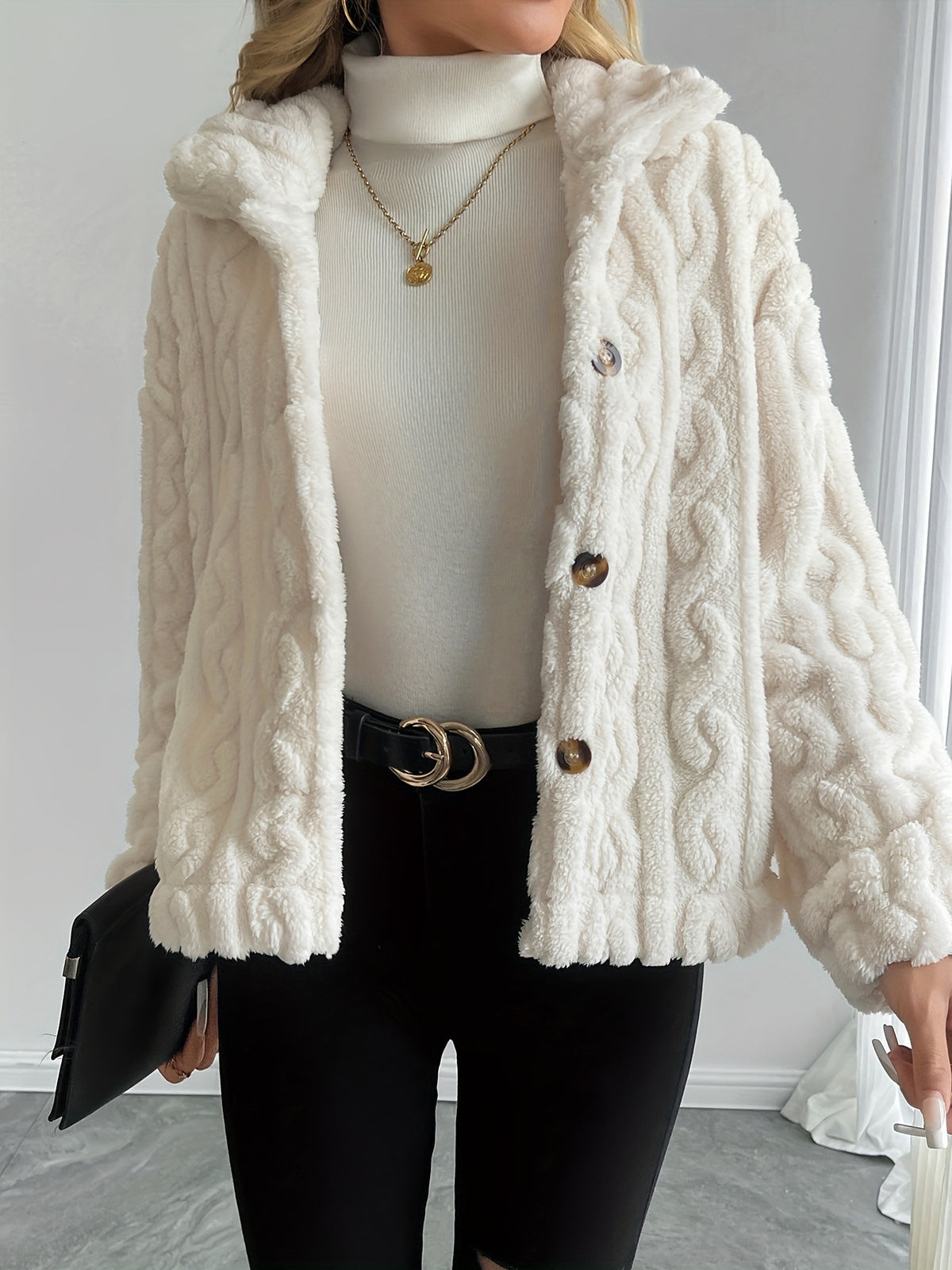 Cable Twist Plush Fleece Button Front Jacket - White - 1