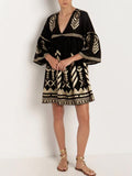 Embroidered Feather Bell Sleeve Mini Dress - Black
