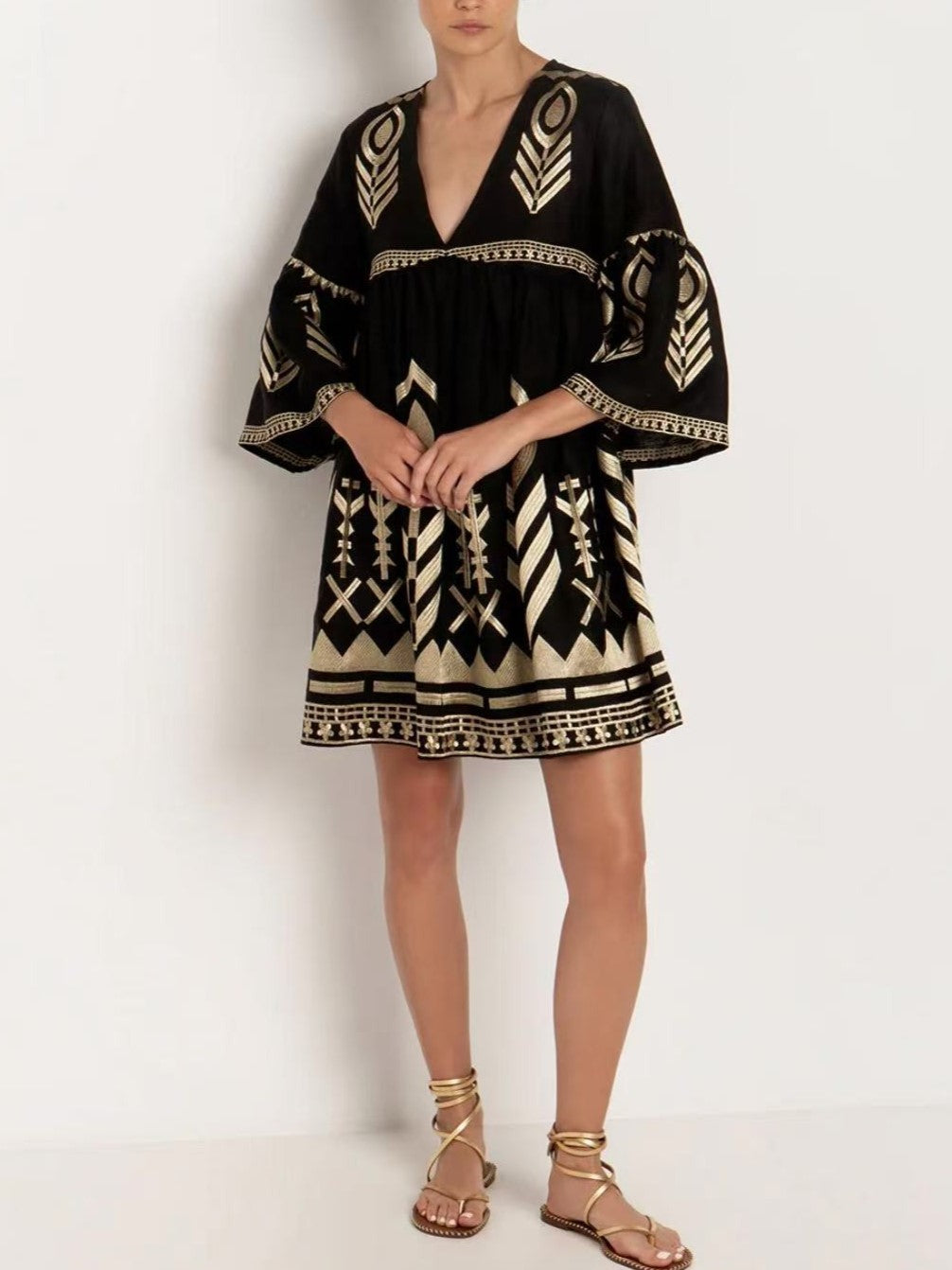 Embroidered Feather Bell Sleeve Mini Dress - Black