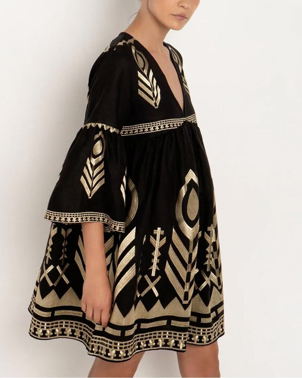 Embroidered Feather Bell Sleeve Mini Dress - Black - 1