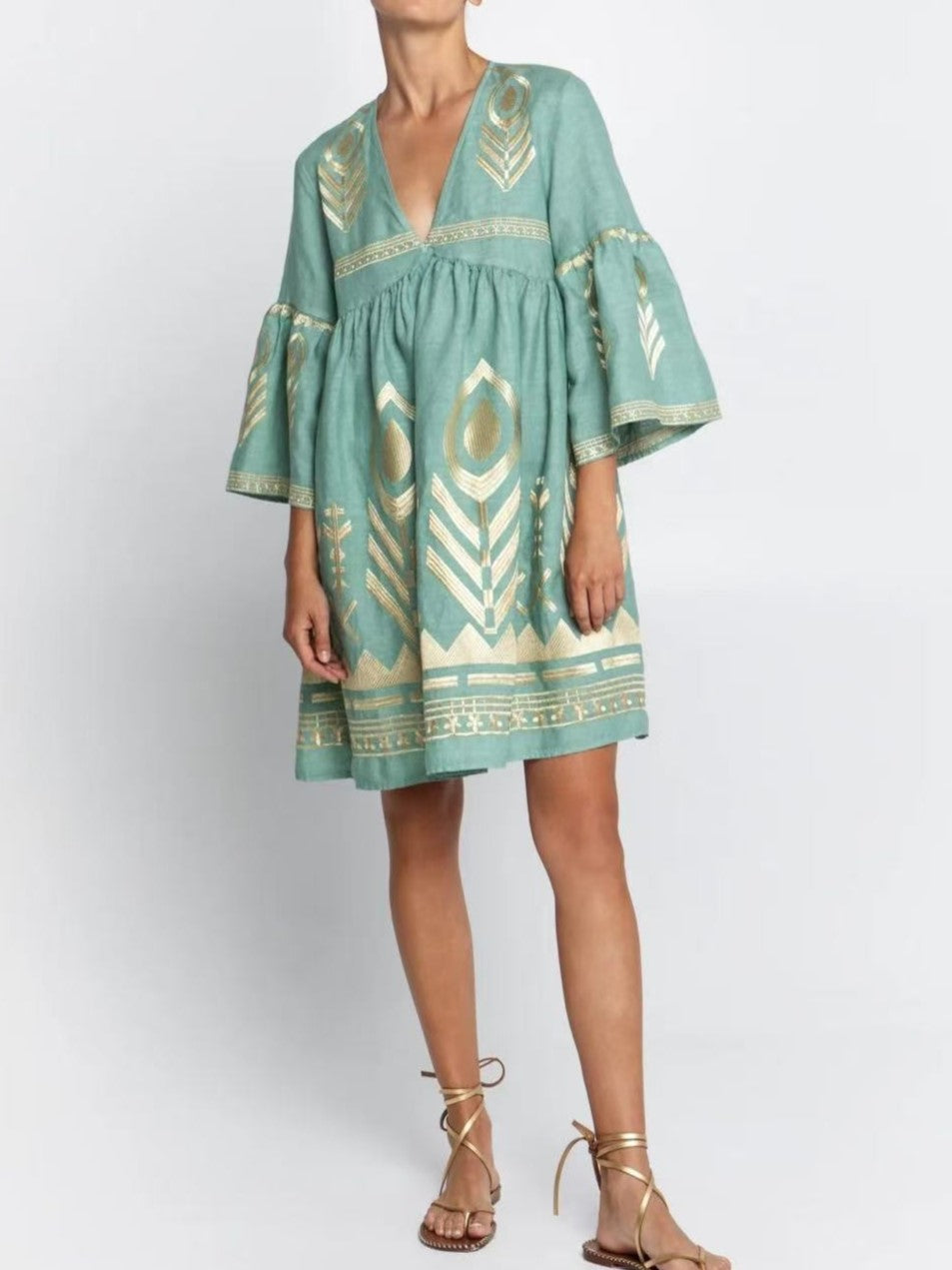Embroidered Feather Bell Sleeve Mini Dress - Cyan