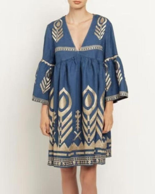 Embroidered Feather Bell Sleeve Mini Dress - DarkBlue