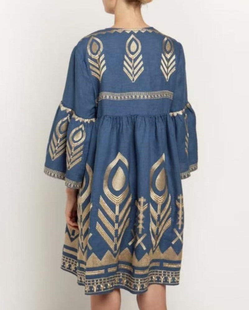Embroidered Feather Bell Sleeve Mini Dress - DarkBlue - 1