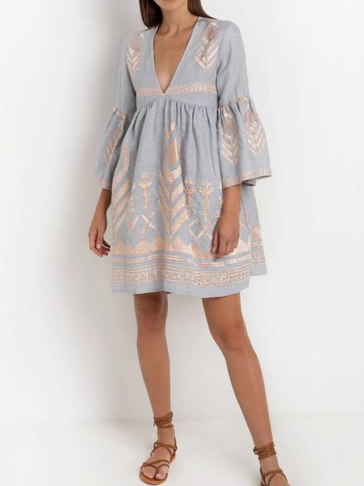 Embroidered Feather Bell Sleeve Mini Dress - Grey