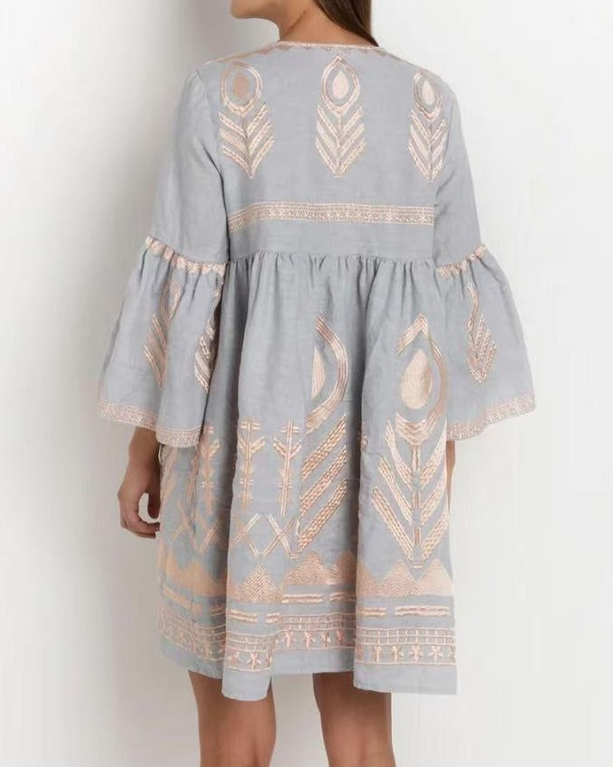 Embroidered Feather Bell Sleeve Mini Dress - Grey - 1