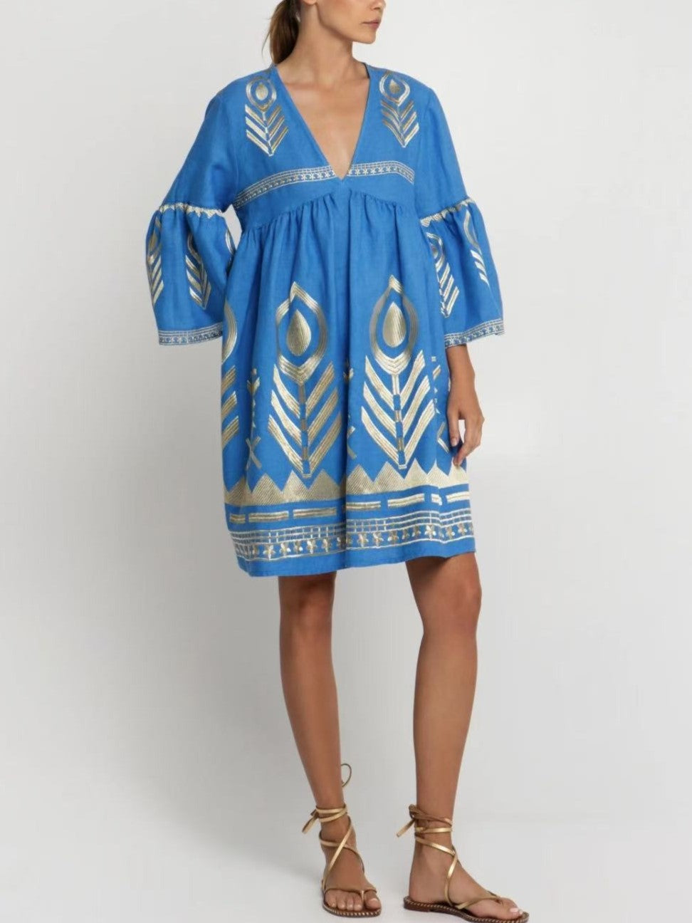 Embroidered Feather Bell Sleeve Mini Dress - SkyBlue