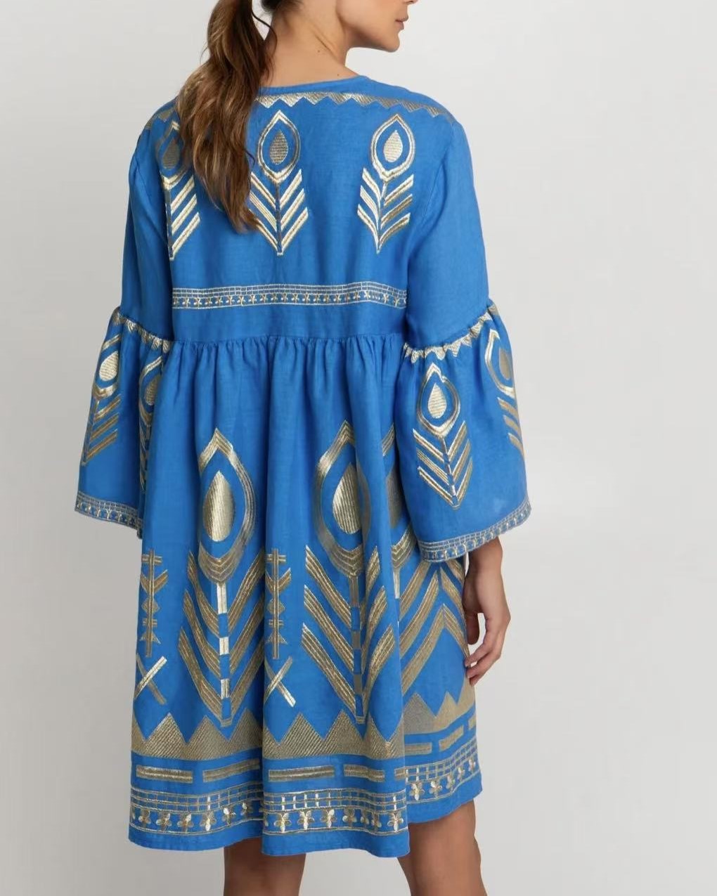 Embroidered Feather Bell Sleeve Mini Dress - SkyBlue - 1