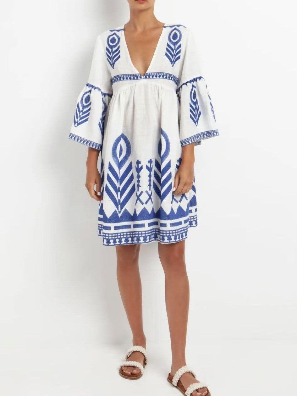 Embroidered Feather Bell Sleeve Mini Dress - White