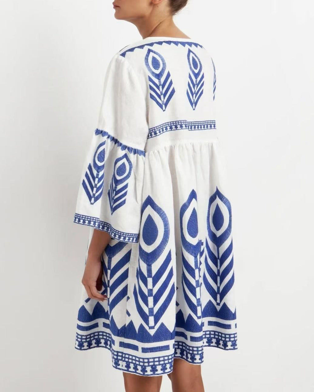 Embroidered Feather Bell Sleeve Mini Dress - White - 1