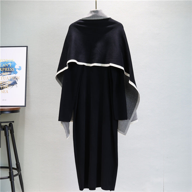 Mock Neck Knit Dress And Draped Shawl Set - Black - 1