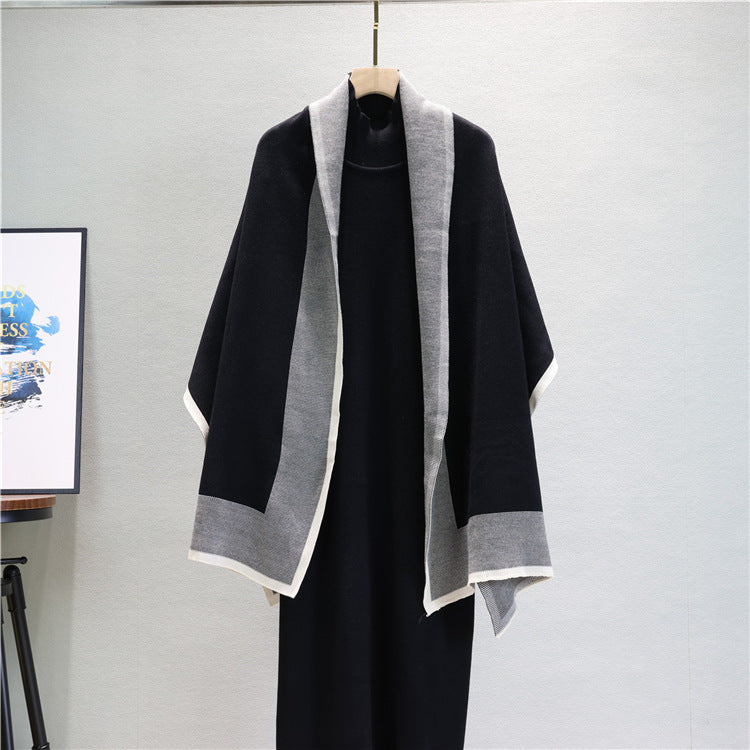 Mock Neck Knit Dress And Draped Shawl Set - Black - 2