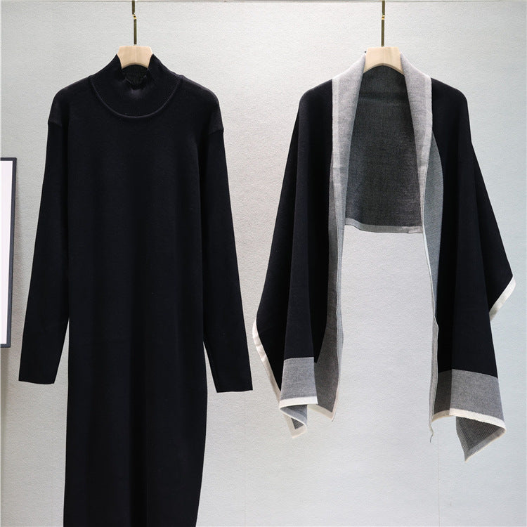 Mock Neck Knit Dress And Draped Shawl Set - Black - 3