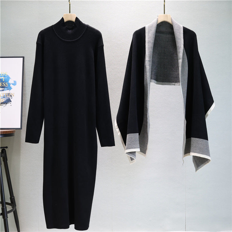 Mock Neck Knit Dress And Draped Shawl Set - Black - 4