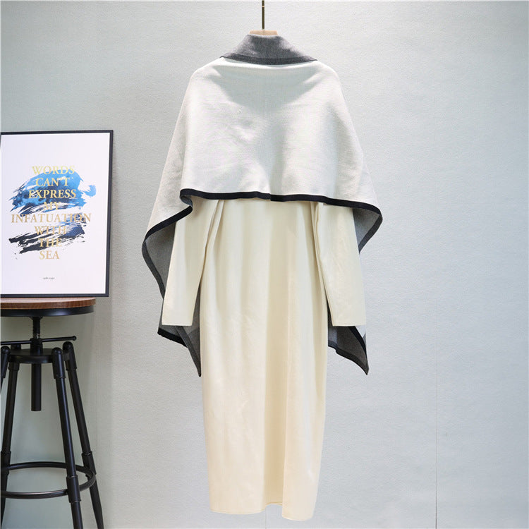 Mock Neck Knit Dress And Draped Shawl Set - Off-White