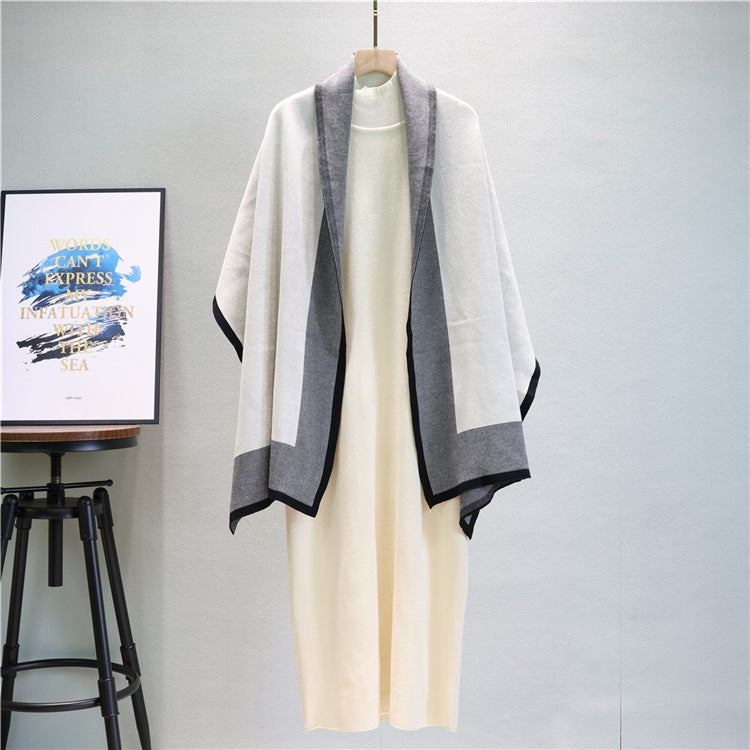 Mock Neck Knit Dress And Draped Shawl Set - Off-White - 1
