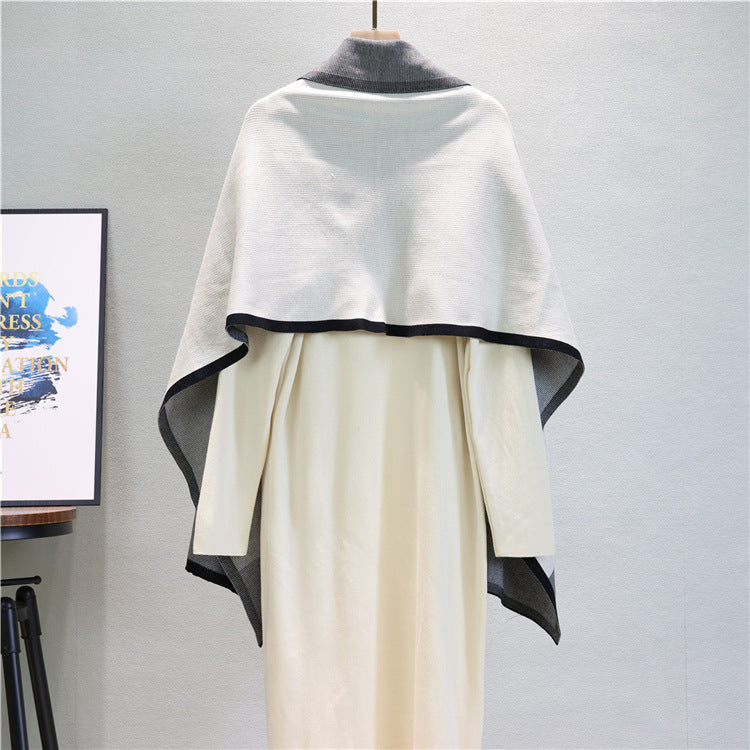 Mock Neck Knit Dress And Draped Shawl Set - Off-White - 2