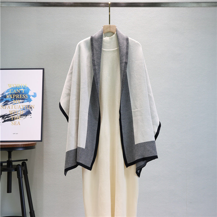 Mock Neck Knit Dress And Draped Shawl Set - Off-White - 3