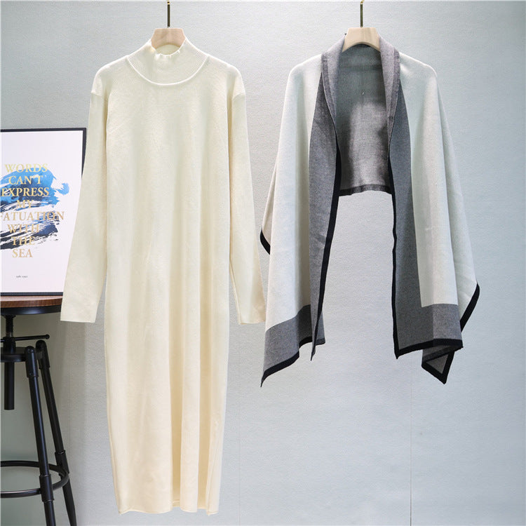 Mock Neck Knit Dress And Draped Shawl Set - Off-White - 4