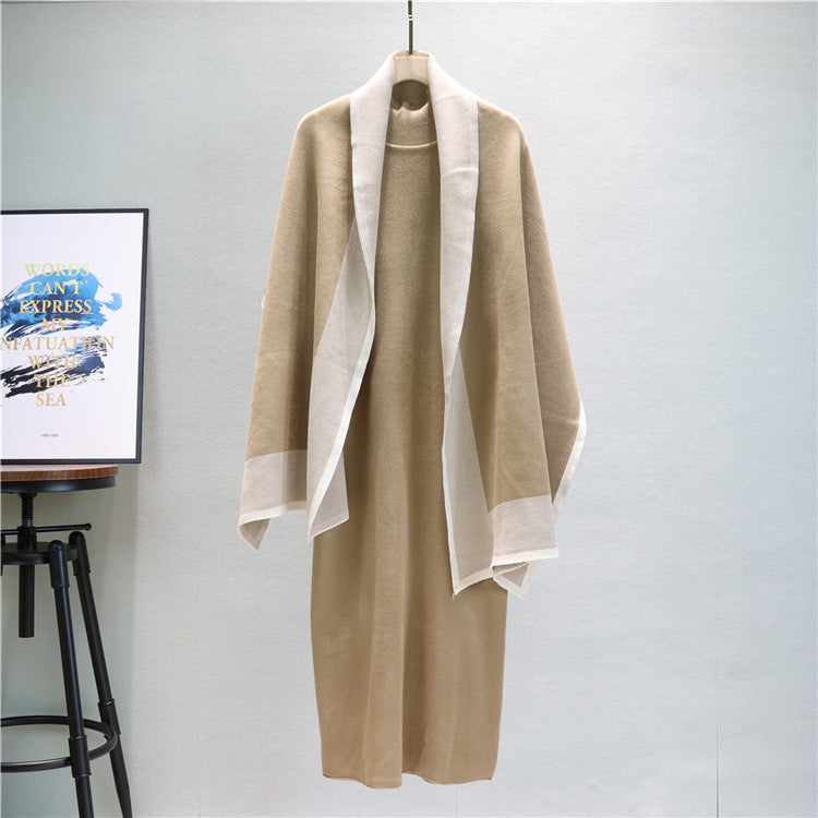 Mock Neck Knit Dress And Draped Shawl Set - Tan