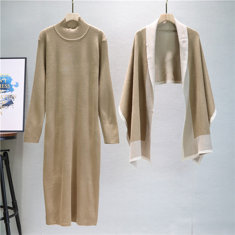 Mock Neck Knit Dress And Draped Shawl Set - Tan - 1