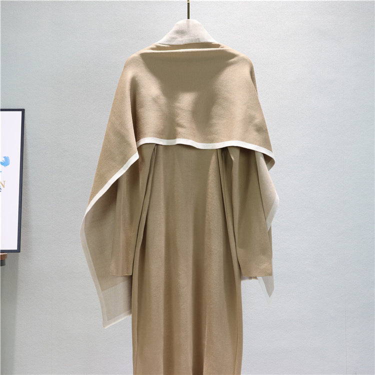 Mock Neck Knit Dress And Draped Shawl Set - Tan - 2