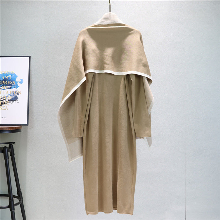 Mock Neck Knit Dress And Draped Shawl Set - Tan - 3