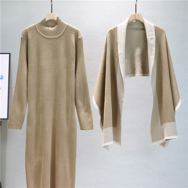 Mock Neck Knit Dress And Draped Shawl Set - Tan - 4