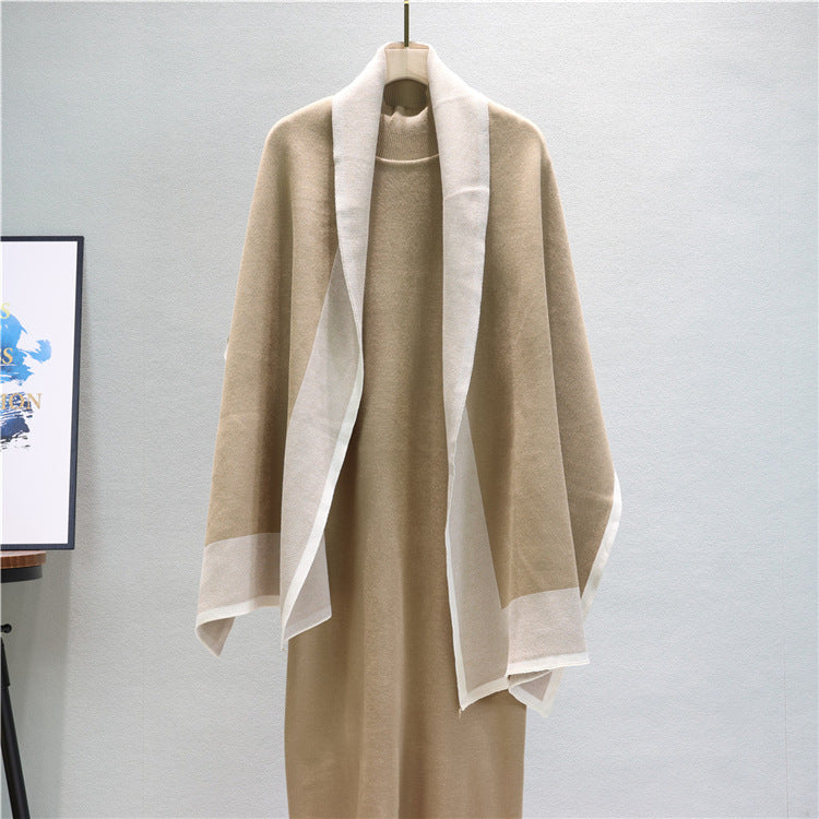 Mock Neck Knit Dress And Draped Shawl Set - Tan - 5