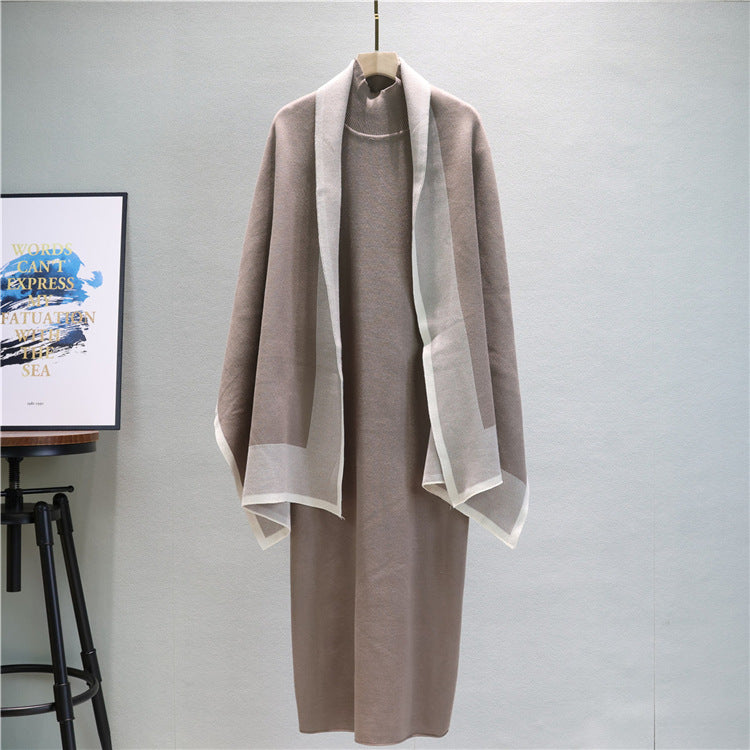 Mock Neck Knit Dress And Draped Shawl Set - Taupe