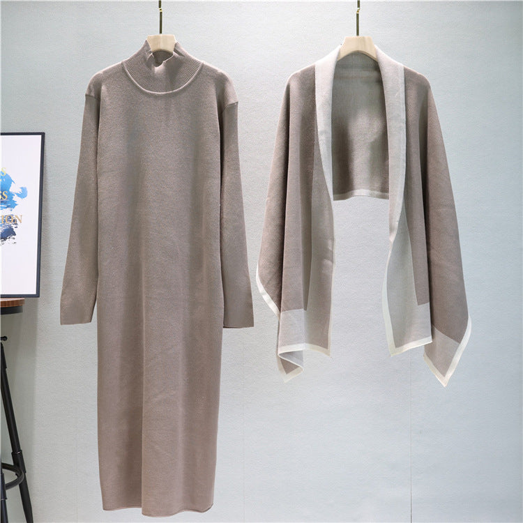 Mock Neck Knit Dress And Draped Shawl Set - Taupe - 1